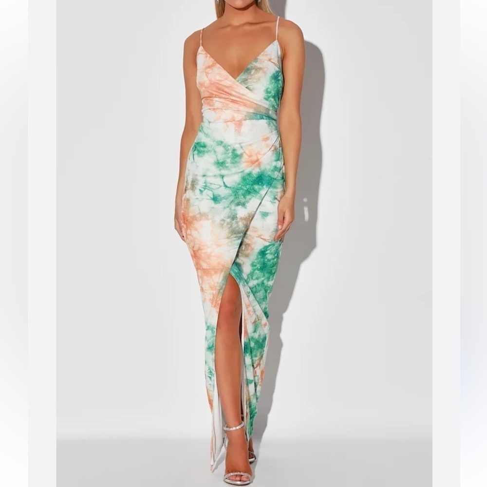 Lulus Lover’s Paradise Metallic Tie Dye Maxi Dress Teal Orange Crisscross Back